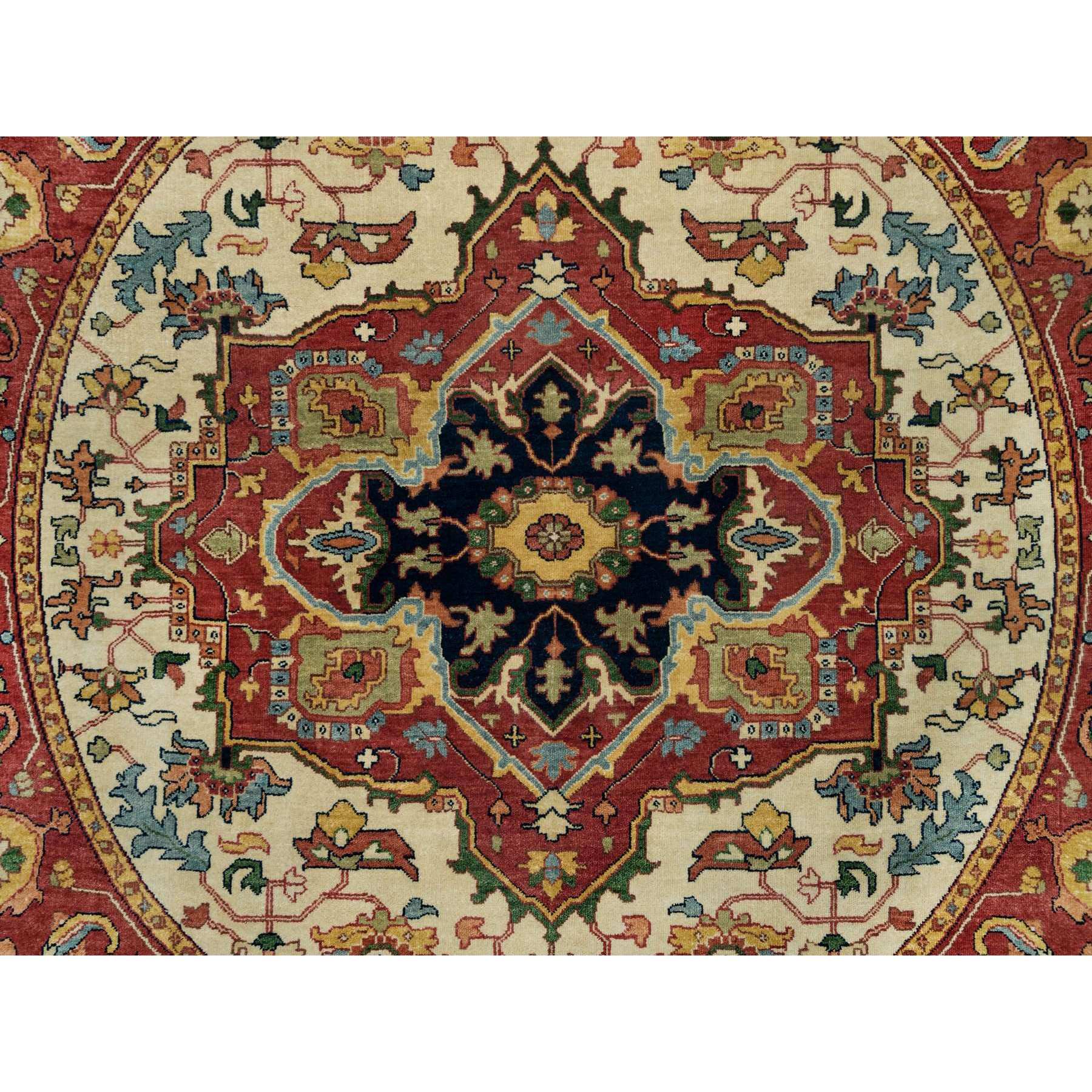 6'x6' Abbey White and Prune Red, Dense Weave, Lush Pile, Vegetable Dyes, Antiqued Fine Hand Woven Heriz Re-Creation, Round Oriental Rug 