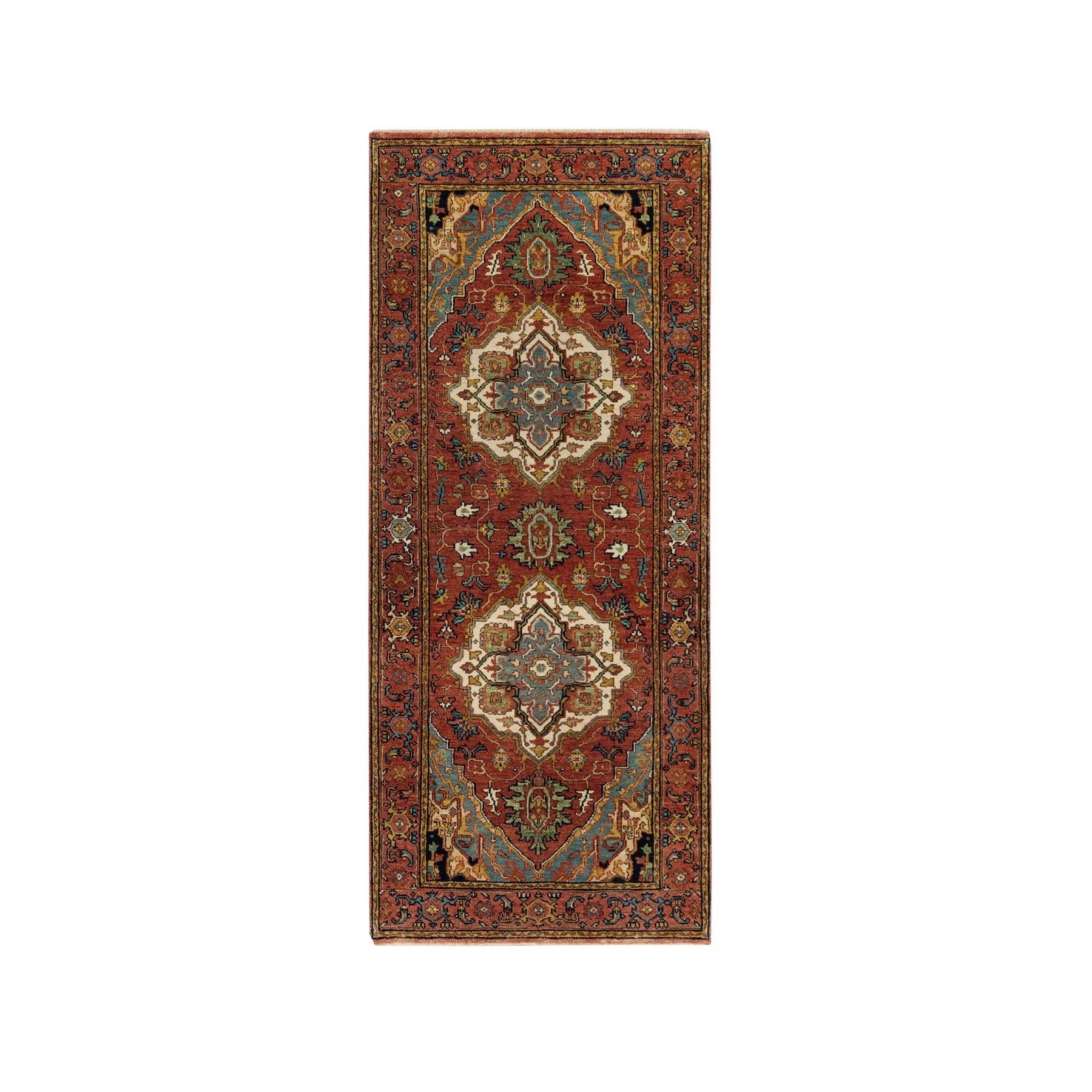 2'7"x6'2" Penn Red, Hand Woven, Vegetable Dyes, Densely Woven, All Wool, Antiqued Fine Heriz Re-Creation, Runner Oriental Rug 
