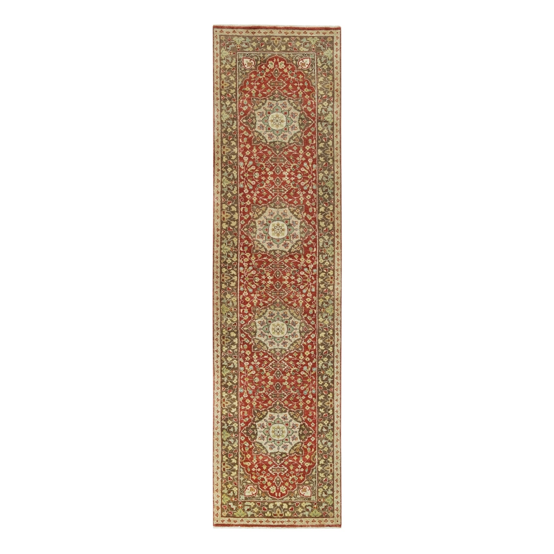 2'6"x10'1" Venetian Red and Heavy Brown, Plush and Lush Pile, Vegetable Dyes, Antiqued Tabriz Haji Jalili Design, Hand Woven, Extra Soft Wool, Fine Weave, Runner Oriental Rug 