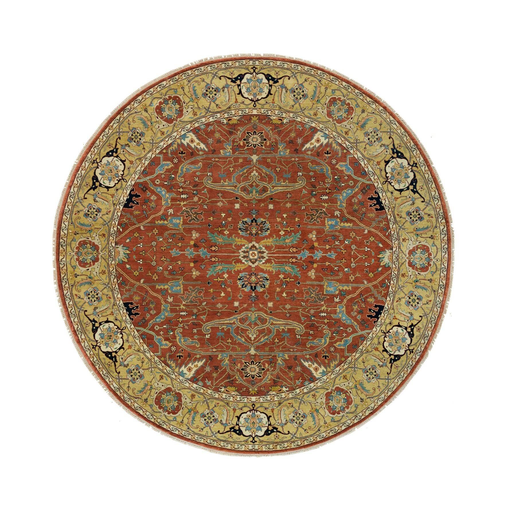 10'x10' Rust Red, Antiqued Fine Heriz Re-Creation, Natural Dyes Dense Weave, Soft Wool Hand Woven, Round Oriental Rug 